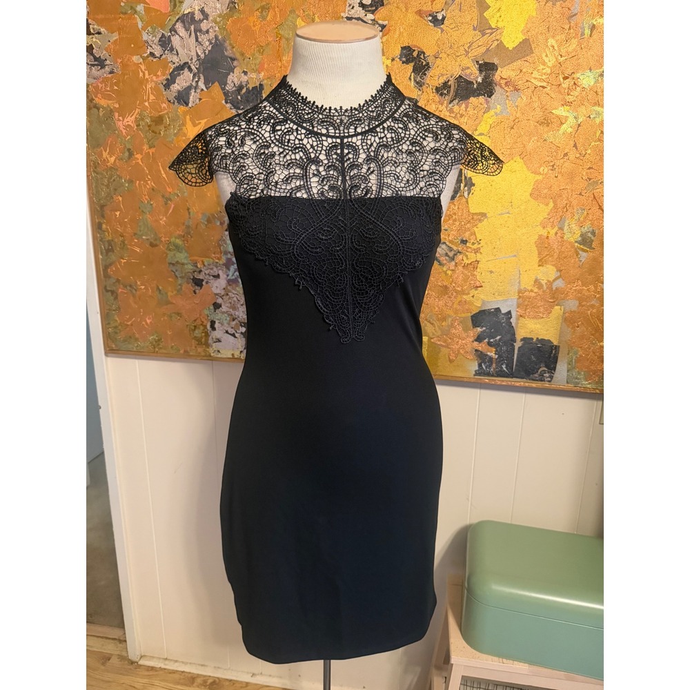 NWT Morgan de Toi Sexy Little Mini Black Halter Dress W/ Lace Bodice Sz 8